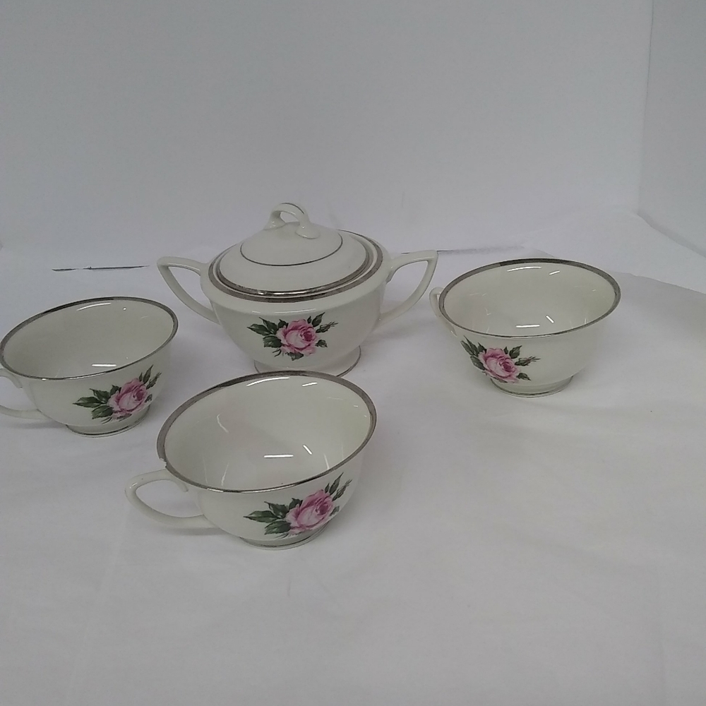 Royal Jackson Fine china 3 Cups 1 Sugar Dish 5pc Pink Rose w/ Silver Trim Patt..